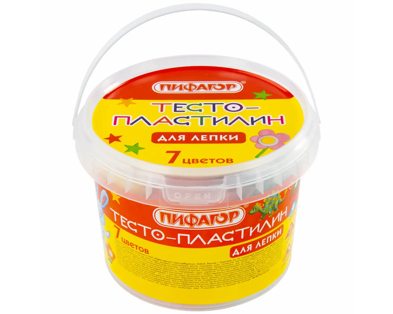 Пластилин на растительной основе (тесто для лепки) ПИФАГОР, 7 цветов, 420 г, пластиковое ведро, 104545.2