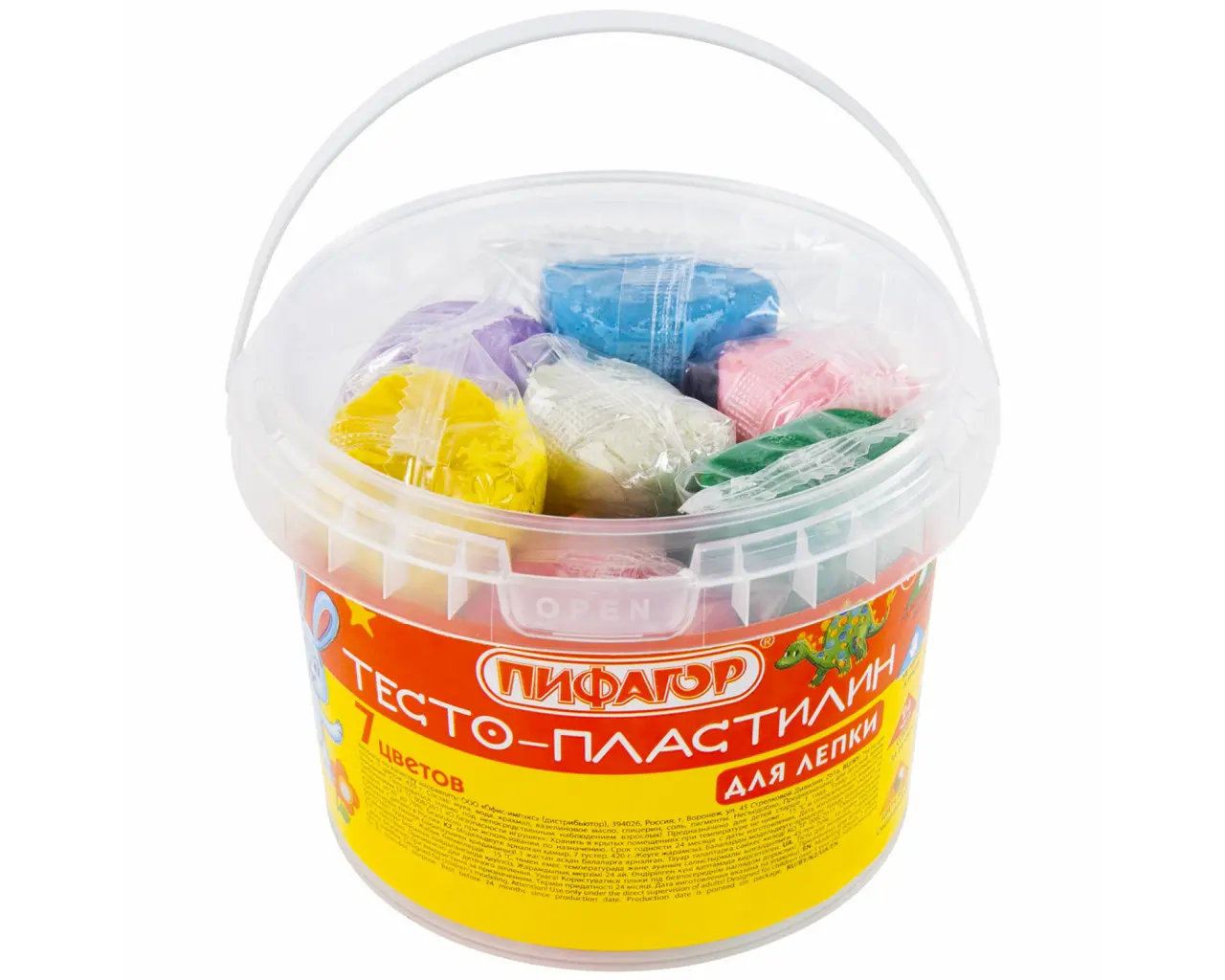 Пластилин на растительной основе (тесто для лепки) ПИФАГОР, 7 цветов, 420 г, пластиковое ведро, 104545.3