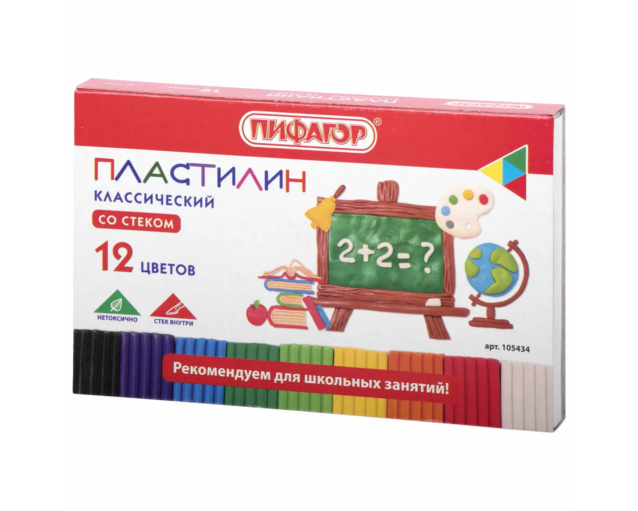 Пластилин классический ПИФАГОР ШКОЛЬНЫЙ, 12 цветов, 180 г, со стеком, 105434.0
