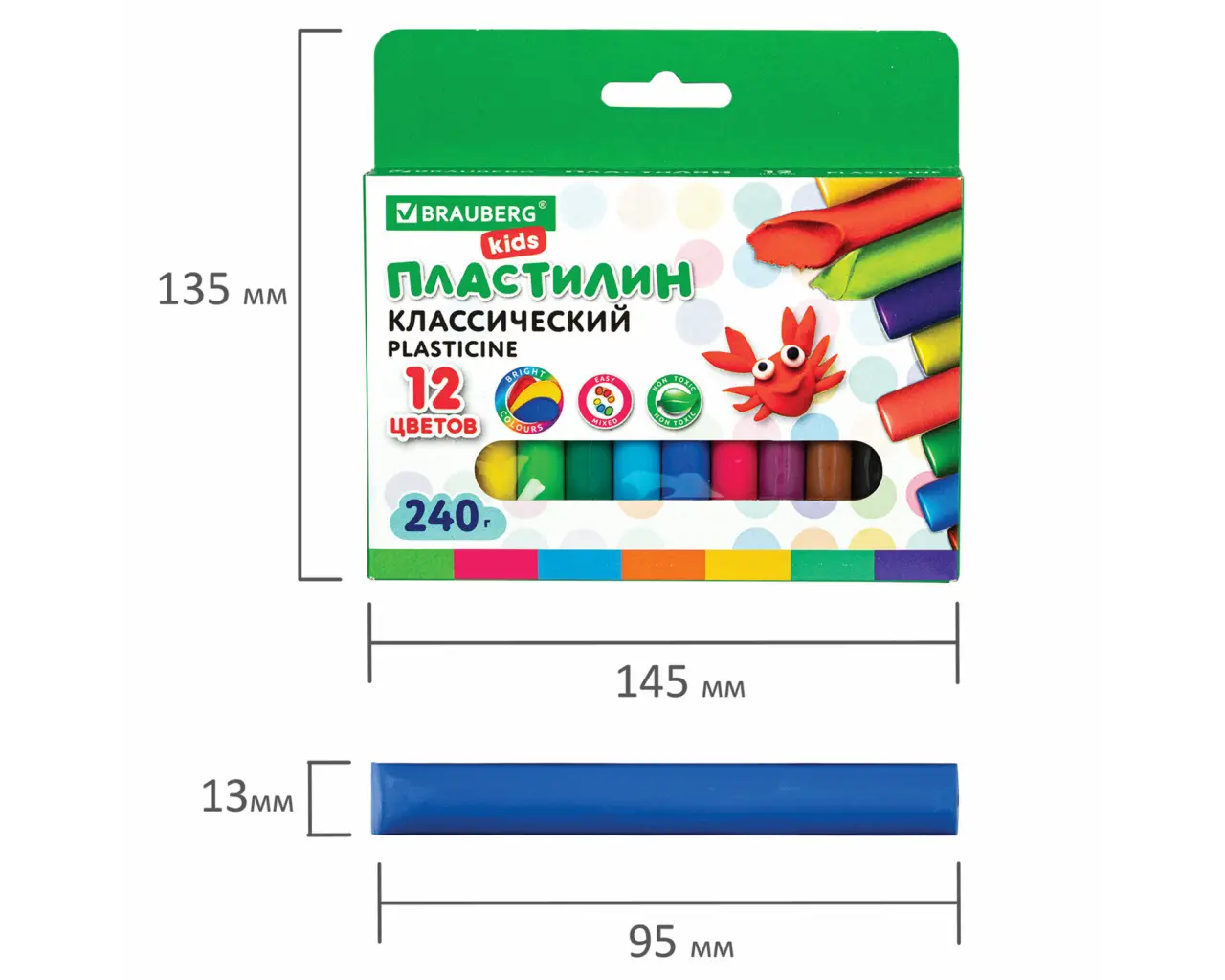 Пластилин классический BRAUBERG KIDS, 12 цветов, 240 г, ВЫСШЕЕ КАЧЕСТВО, 105873.5