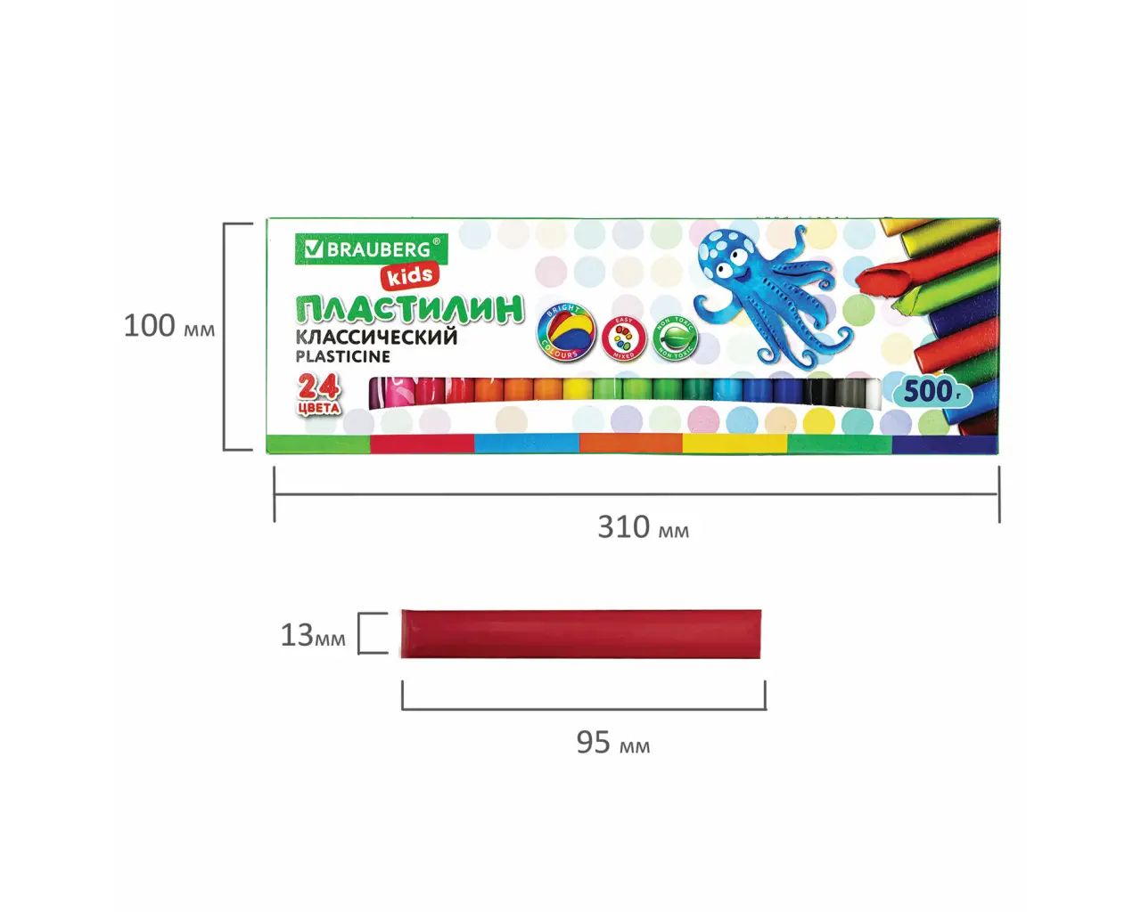 Пластилин классический BRAUBERG KIDS, 24 цвета, 500 г, ВЫСШЕЕ КАЧЕСТВО, 105874.5