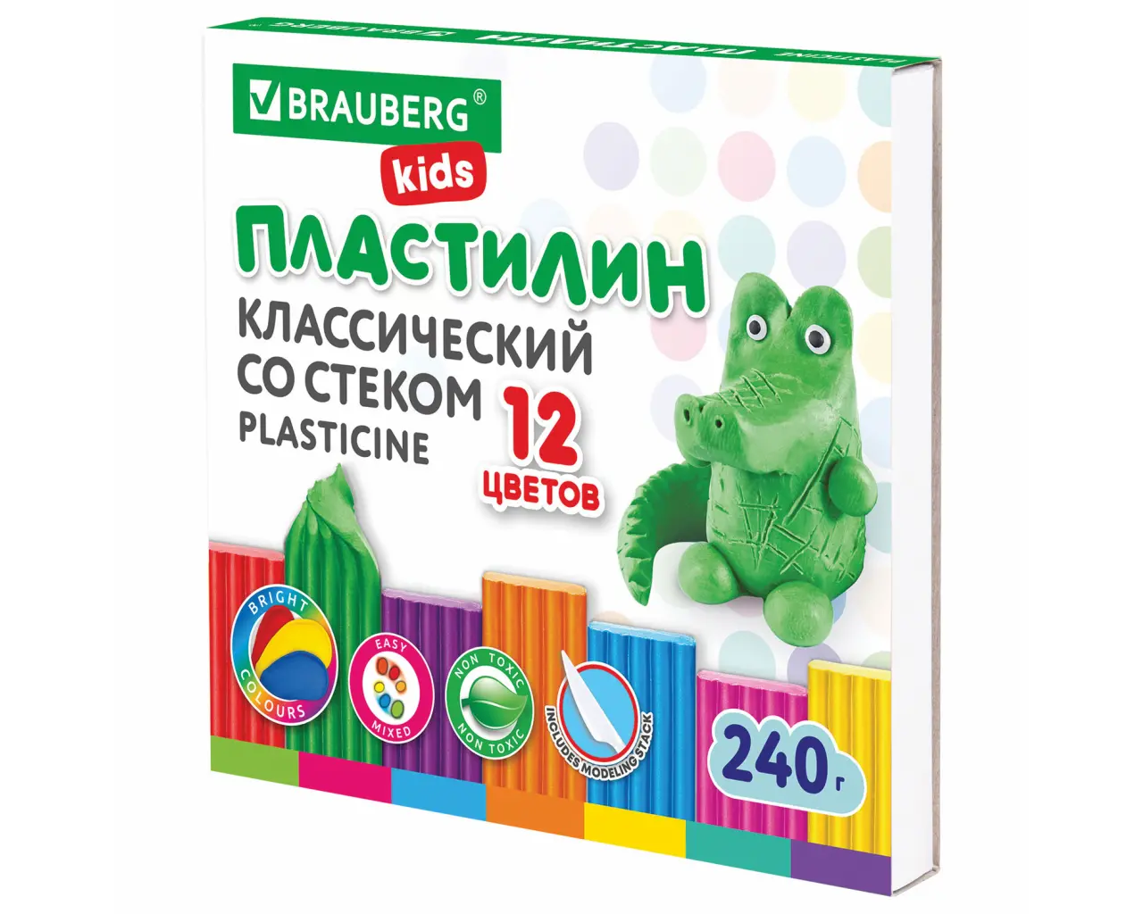 Пластилин классический BRAUBERG KIDS, 12 цветов, 240 г, стек, ВЫСШЕЕ КАЧЕСТВО, 106436.0