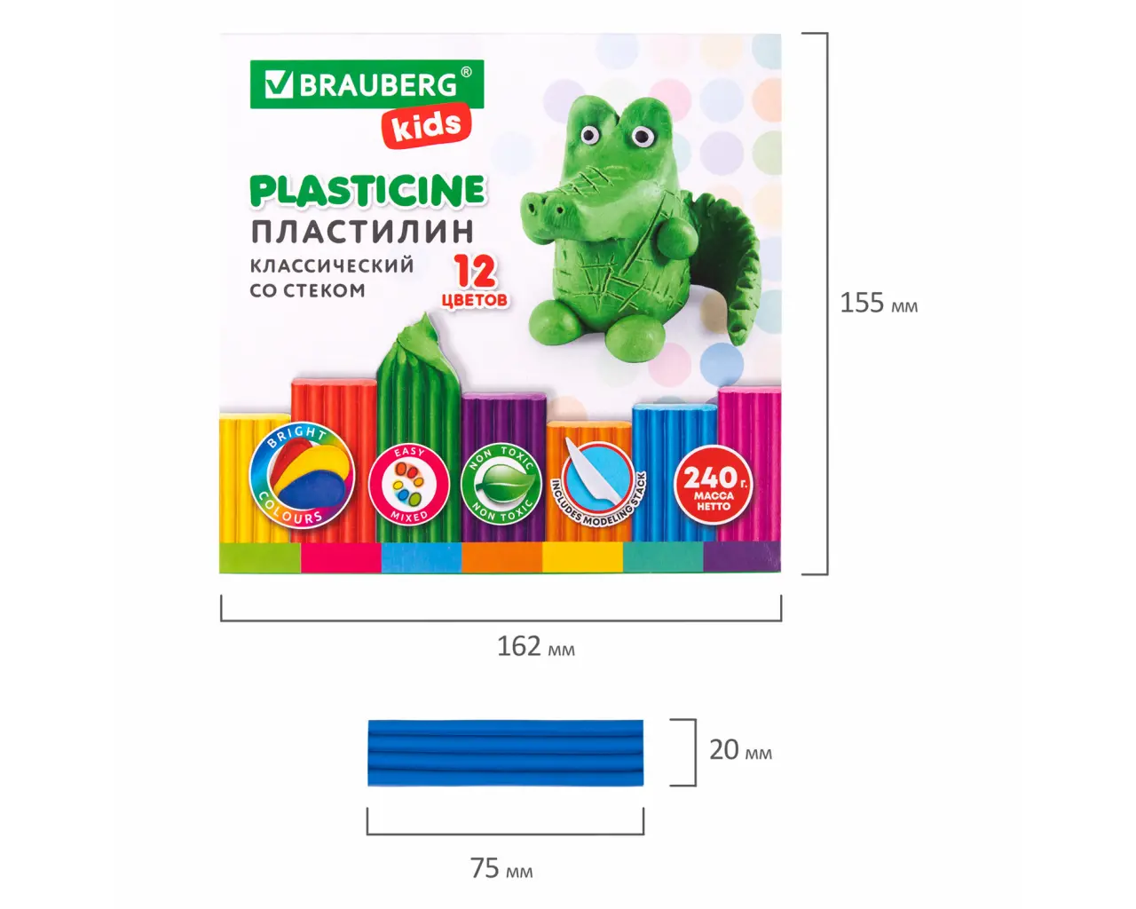 Пластилин классический BRAUBERG KIDS, 12 цветов, 240 г, стек, ВЫСШЕЕ КАЧЕСТВО, 106436.5