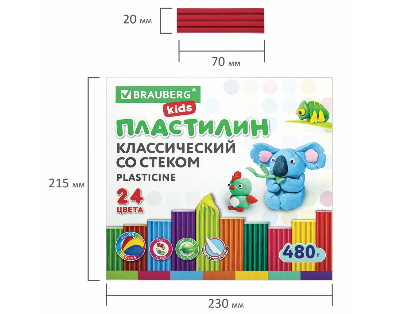 Пластилин классический BRAUBERG KIDS, 24 цвета, 480 грамм, стек, ВЫСШЕЕ КАЧЕСТВО, 106437.5