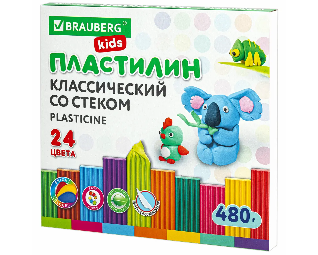 Пластилин классический BRAUBERG KIDS, 24 цвета, 480 грамм, стек, ВЫСШЕЕ КАЧЕСТВО, 106437.0