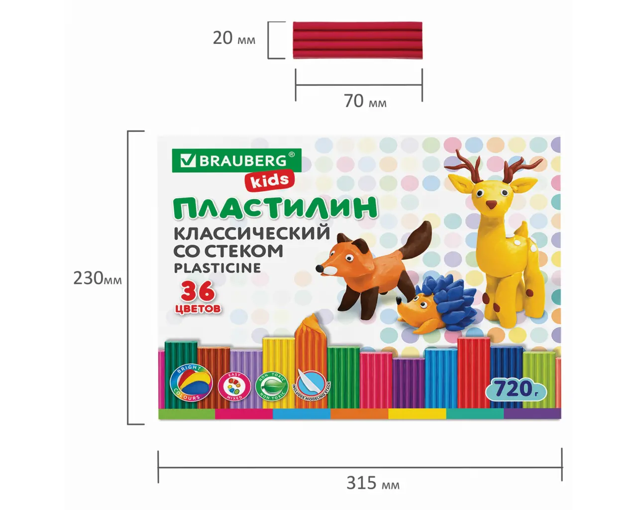 Пластилин классический BRAUBERG KIDS, 36 цветов, 720 г, стек, ВЫСШЕЕ КАЧЕСТВО, 106438.6