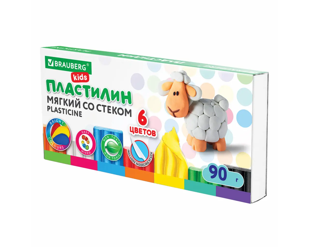 Пластилин мягкий восковой BRAUBERG KIDS, 6 цветов, 90 г, со стеком, 106493.0