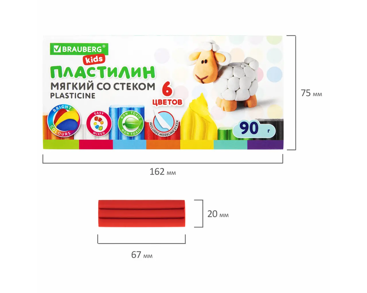 Пластилин мягкий восковой BRAUBERG KIDS, 6 цветов, 90 г, со стеком, 106493.5
