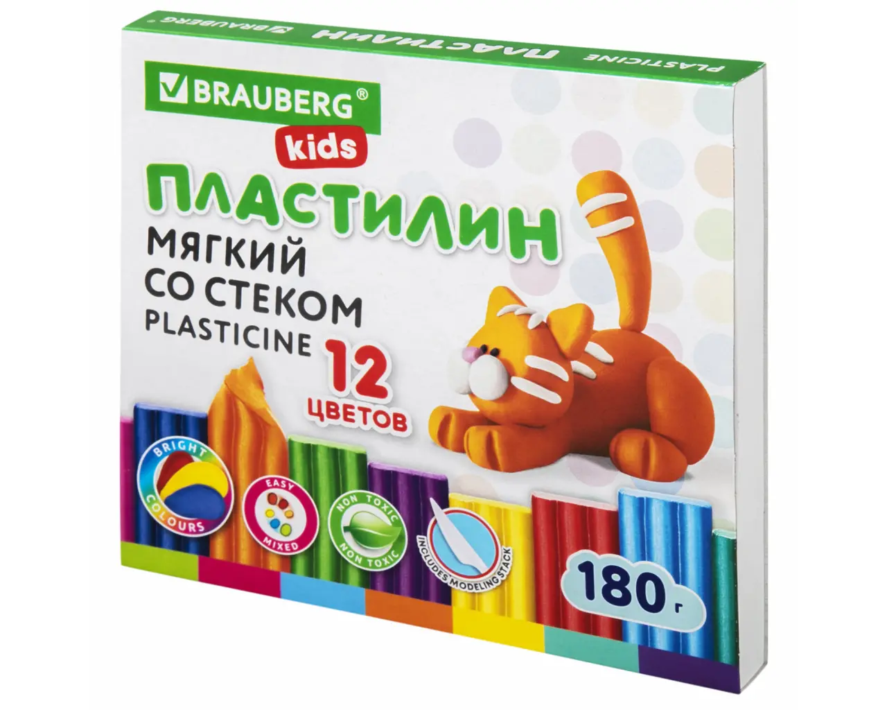 Пластилин мягкий восковой BRAUBERG KIDS, 12 цветов, 180 г, со стеком, 106495.0