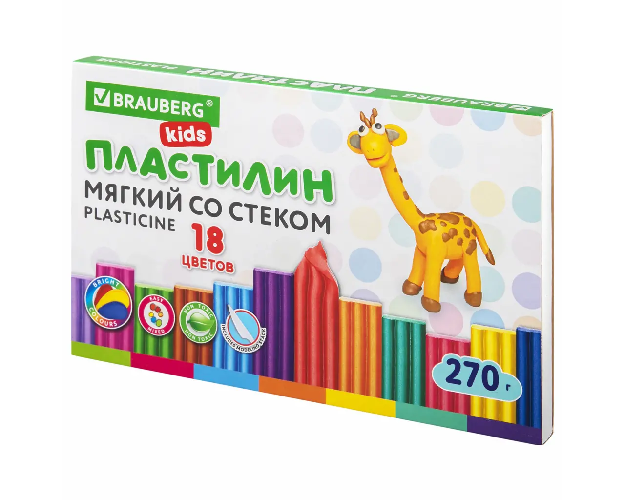 Пластилин мягкий восковой BRAUBERG KIDS, 18 цветов, 270 г, со стеком, 106497.0