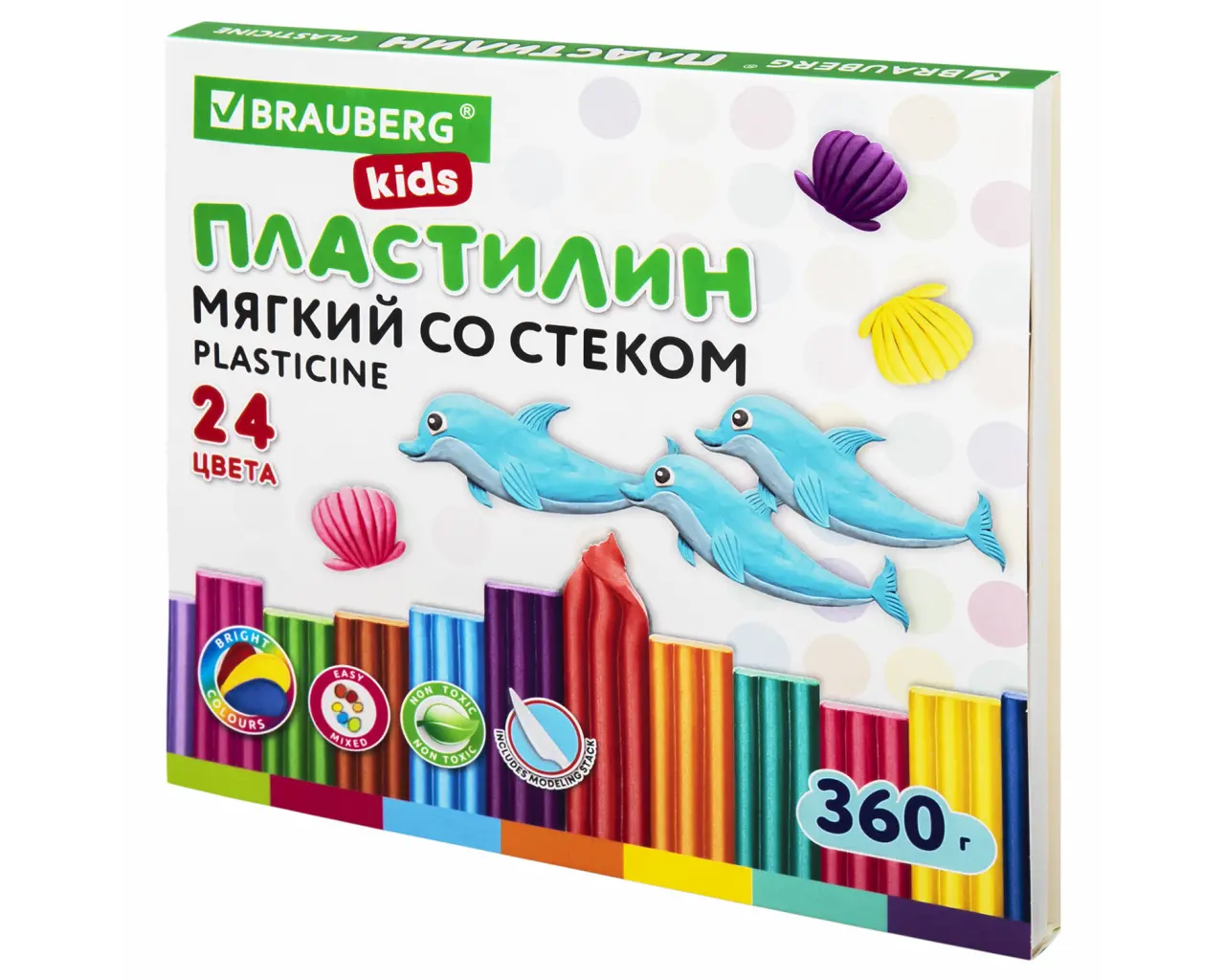 Пластилин мягкий восковой BRAUBERG KIDS, 24 цвета, 360 г, со стеком, 106498.0