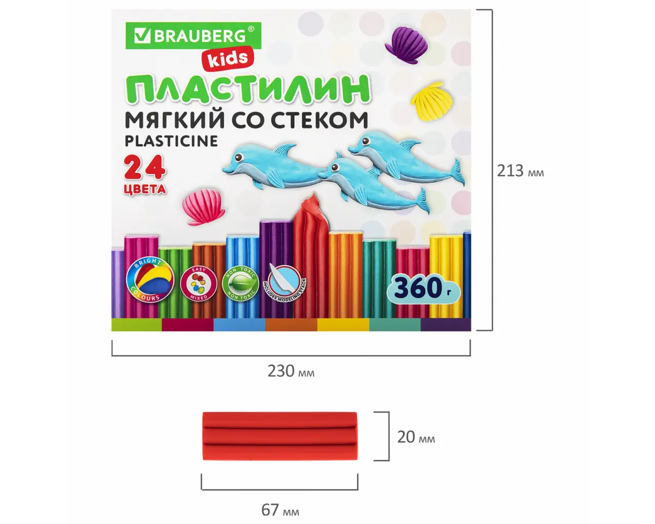 Пластилин мягкий восковой BRAUBERG KIDS, 24 цвета, 360 г, со стеком, 106498.5