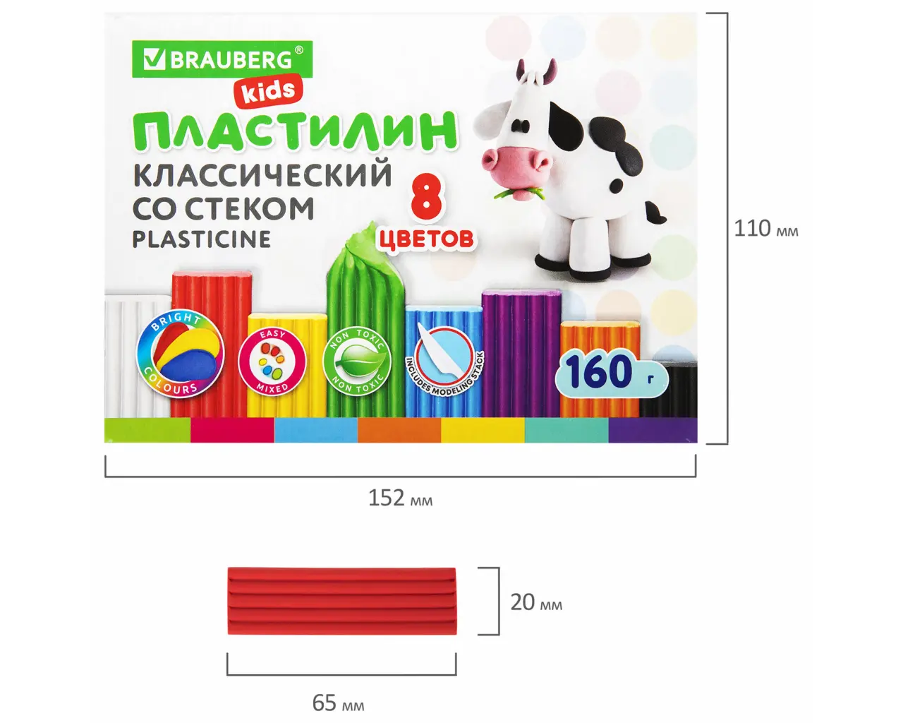 Пластилин классический BRAUBERG KIDS, 8 цветов, 160 г, со стеком, 106501.6