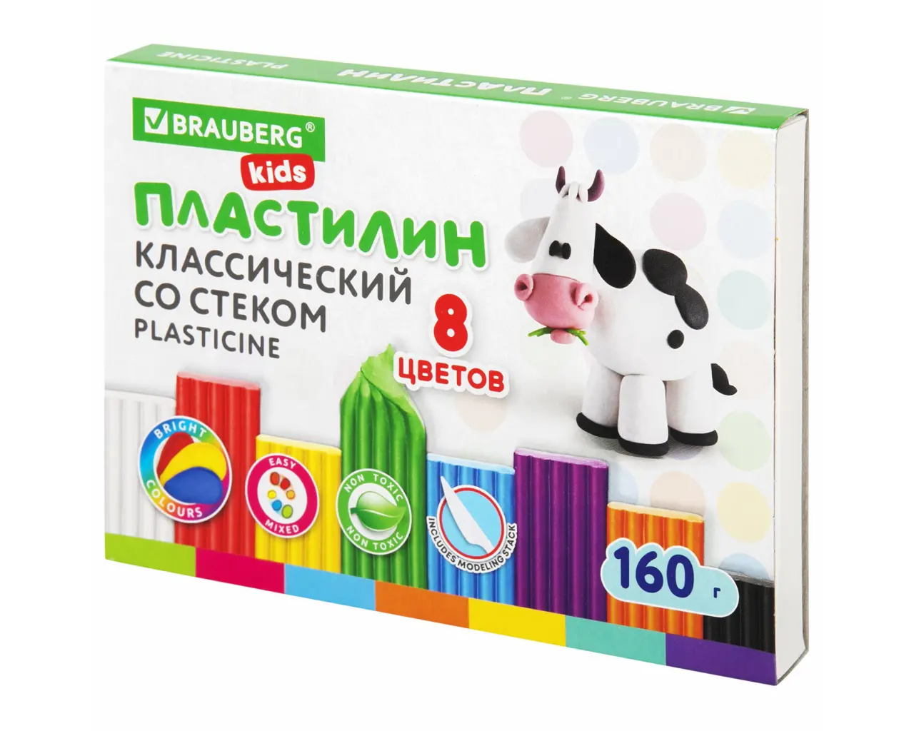 Пластилин классический BRAUBERG KIDS, 8 цветов, 160 г, со стеком, 106501.0