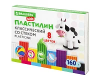 Пластилин классический BRAUBERG KIDS, 8 цветов, 160 г, со стеком, 106501.0