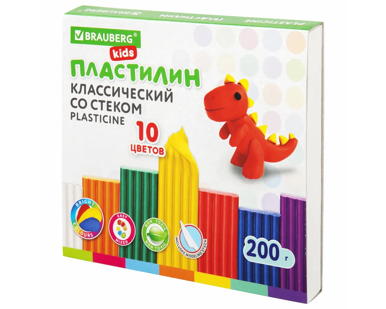 Пластилин классический BRAUBERG KIDS, 10 цветов, 200 г, со стеком, 106504.1