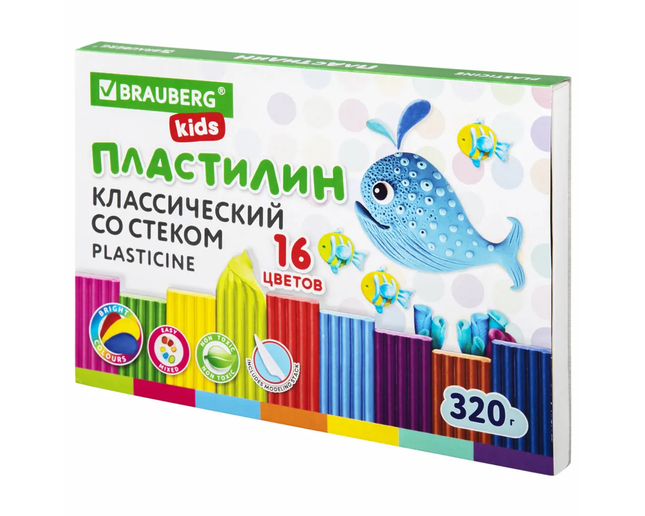 Пластилин классический BRAUBERG KIDS, 16 цветов, 320 г, со стеком, 106508.0