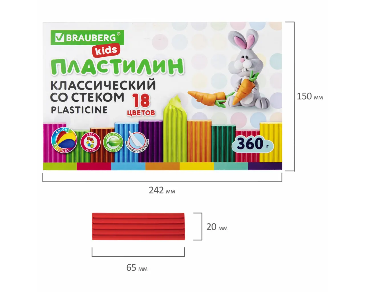 Пластилин классический BRAUBERG KIDS, 18 цветов, 360 г, со стеком, 106510.5