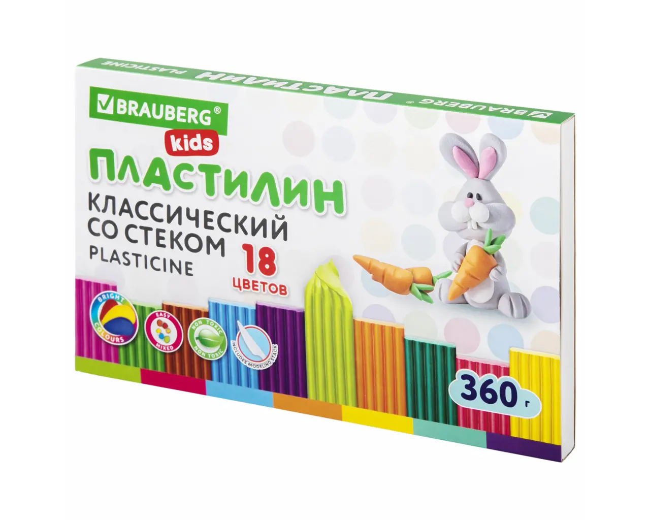 Пластилин классический BRAUBERG KIDS, 18 цветов, 360 г, со стеком, 106510.0