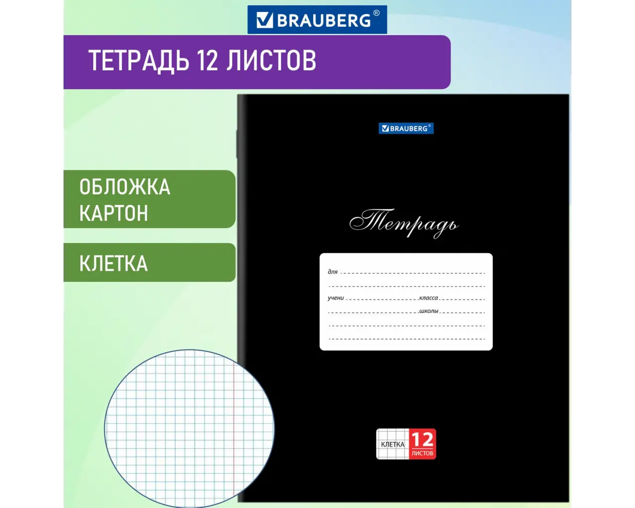 Тетрадь 12 л. BRAUBERG КЛАССИКА, клетка, обложка картон, ЧЕРНАЯ, 106648.0