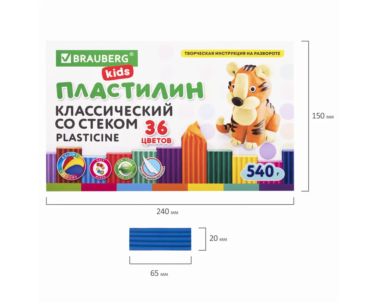 Пластилин классический BRAUBERG KIDS, 36 цветов, 540 грамм, стек, ВЫСШЕЕ КАЧЕСТВО, 106678.9