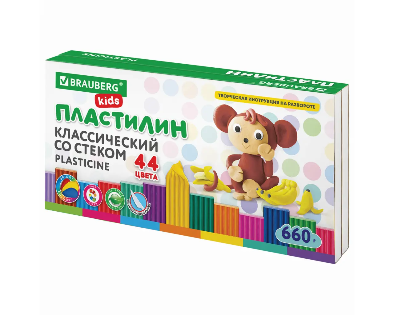 Пластилин классический BRAUBERG KIDS, 44 цвета, 660 грамм, стек, ВЫСШЕЕ КАЧЕСТВО, 106679.1