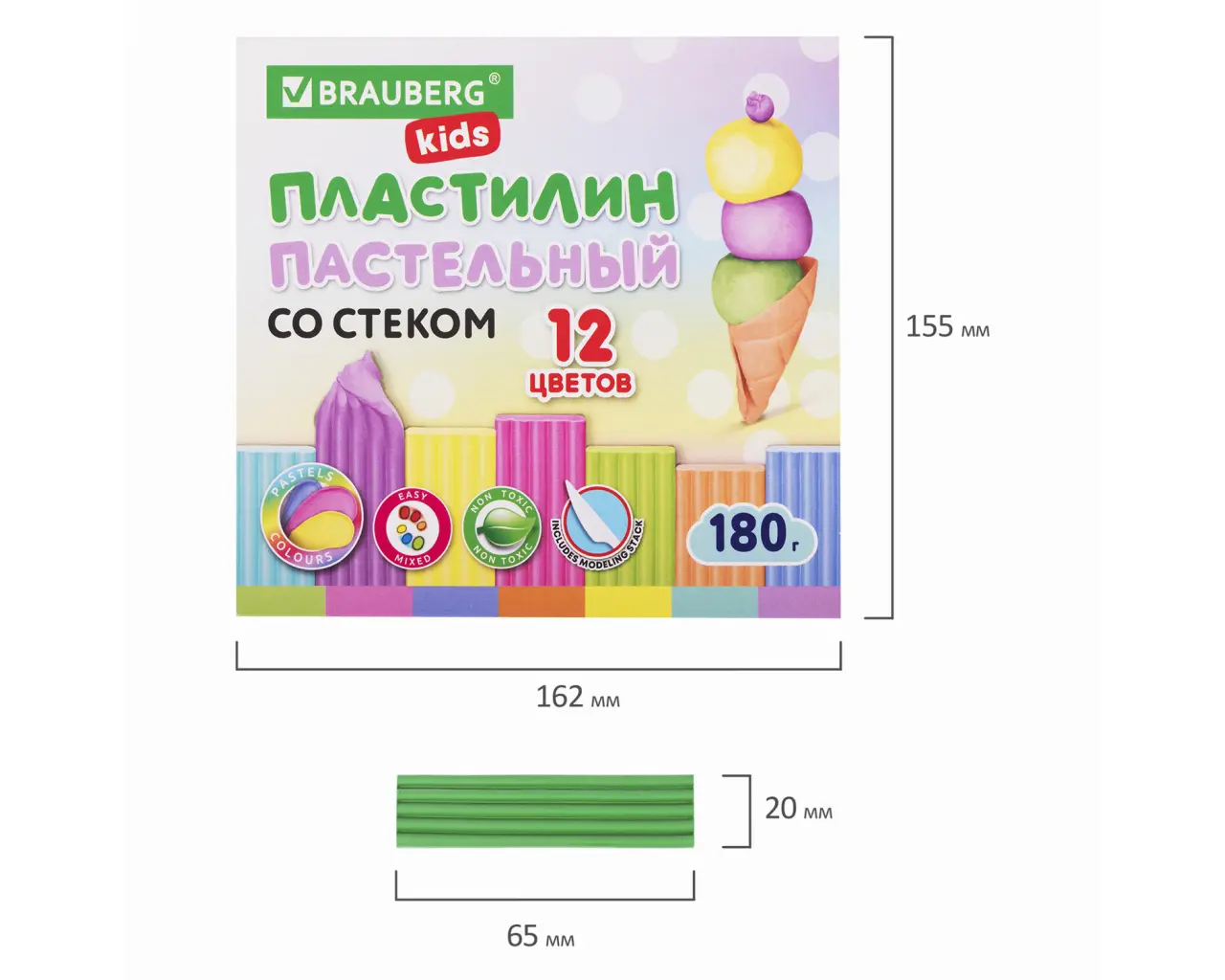 Пластилин классический пастельные цвета BRAUBERG KIDS, 12 цветов, 180 грамм, стек, 106681.6