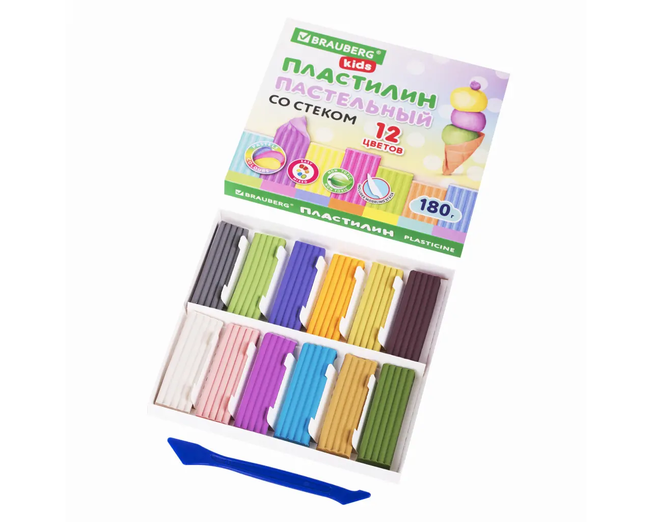 Пластилин классический пастельные цвета BRAUBERG KIDS, 12 цветов, 180 грамм, стек, 106681.2