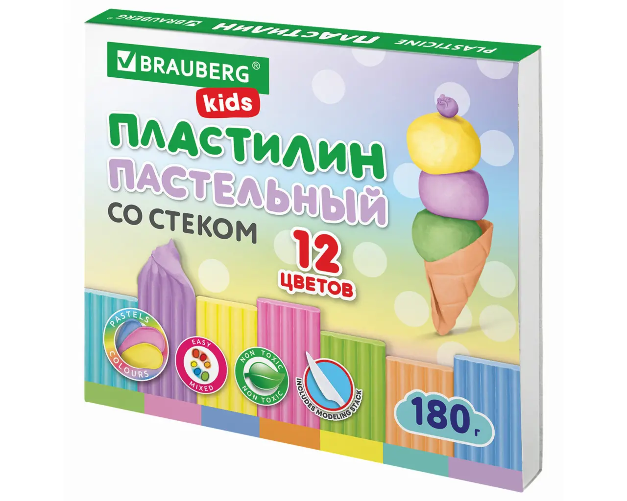 Пластилин классический пастельные цвета BRAUBERG KIDS, 12 цветов, 180 грамм, стек, 106681.1