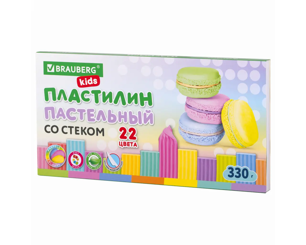 Пластилин классический пастельные цвета BRAUBERG KIDS, 22 цвета, 330 грамм, стек, 106682.1