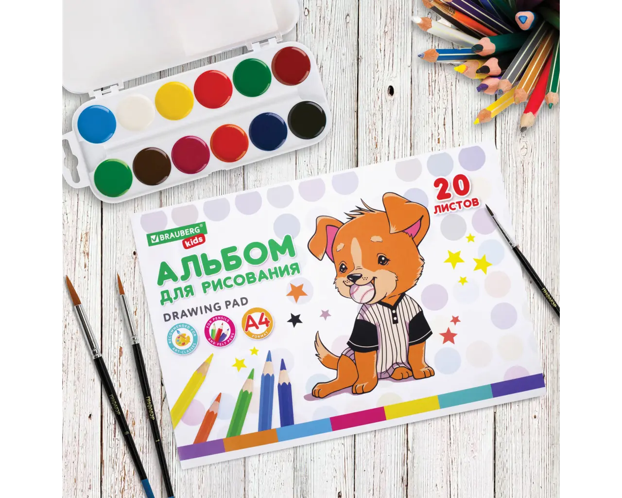 Альбом для рисования А4 20 л., скоба, обложка картон, BRAUBERG KIDS, 203х288 мм, 