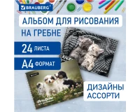 Альбом для рисования А4, 24 листа, гребень, обложка картон, BRAUBERG, 195х285 мм, 