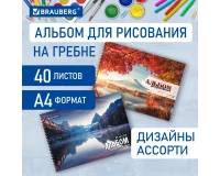 Альбом для рисования, А4, 40 листов, гребень, обложка картон, BRAUBERG, 195х285 мм, 