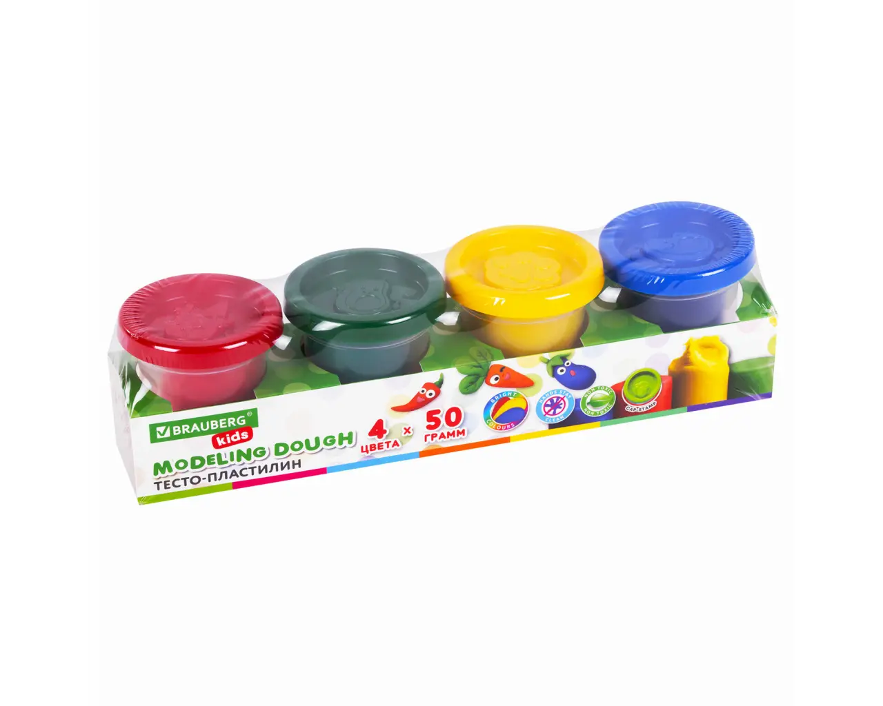 Пластилин-тесто для лепки BRAUBERG KIDS, 4 цвета, 200 г, яркие классические цвета, крышки-штампики, 106714.6