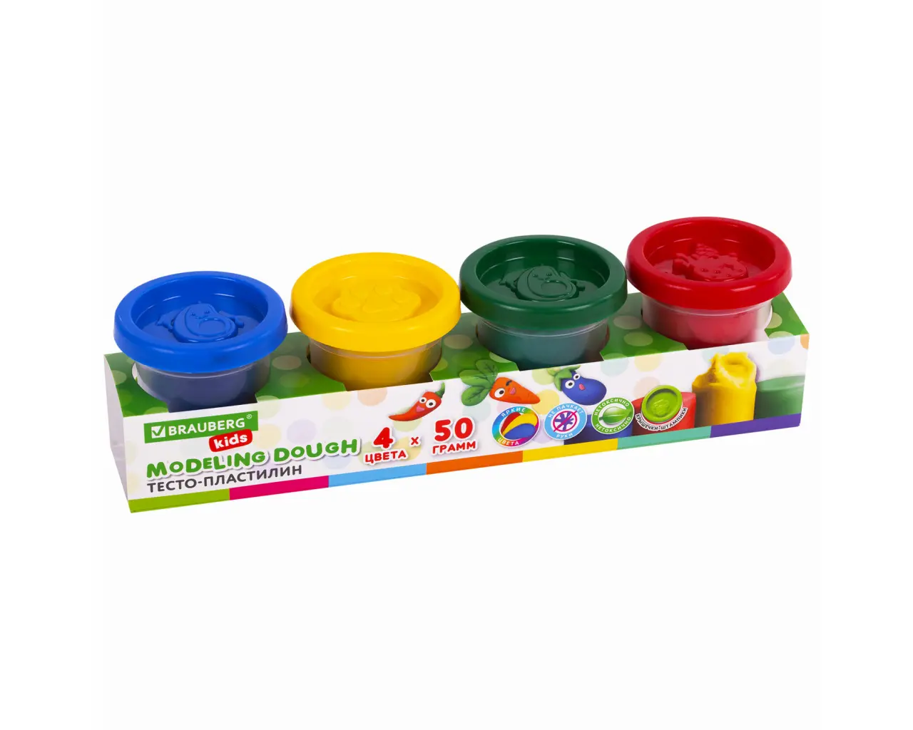 Пластилин-тесто для лепки BRAUBERG KIDS, 4 цвета, 200 г, яркие классические цвета, крышки-штампики, 106714.1