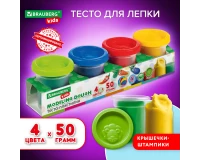 Пластилин-тесто для лепки BRAUBERG KIDS, 4 цвета, 200 г, яркие классические цвета, крышки-штампики, 106714.0