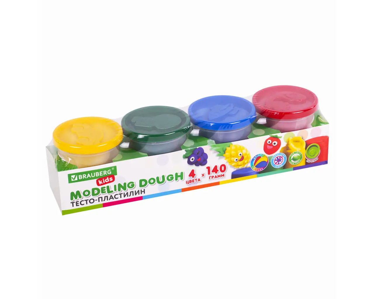 Пластилин-тесто для лепки BRAUBERG KIDS, 4 цвета, 560 г, яркие классические цвета, крышки-штампики, 106715.6