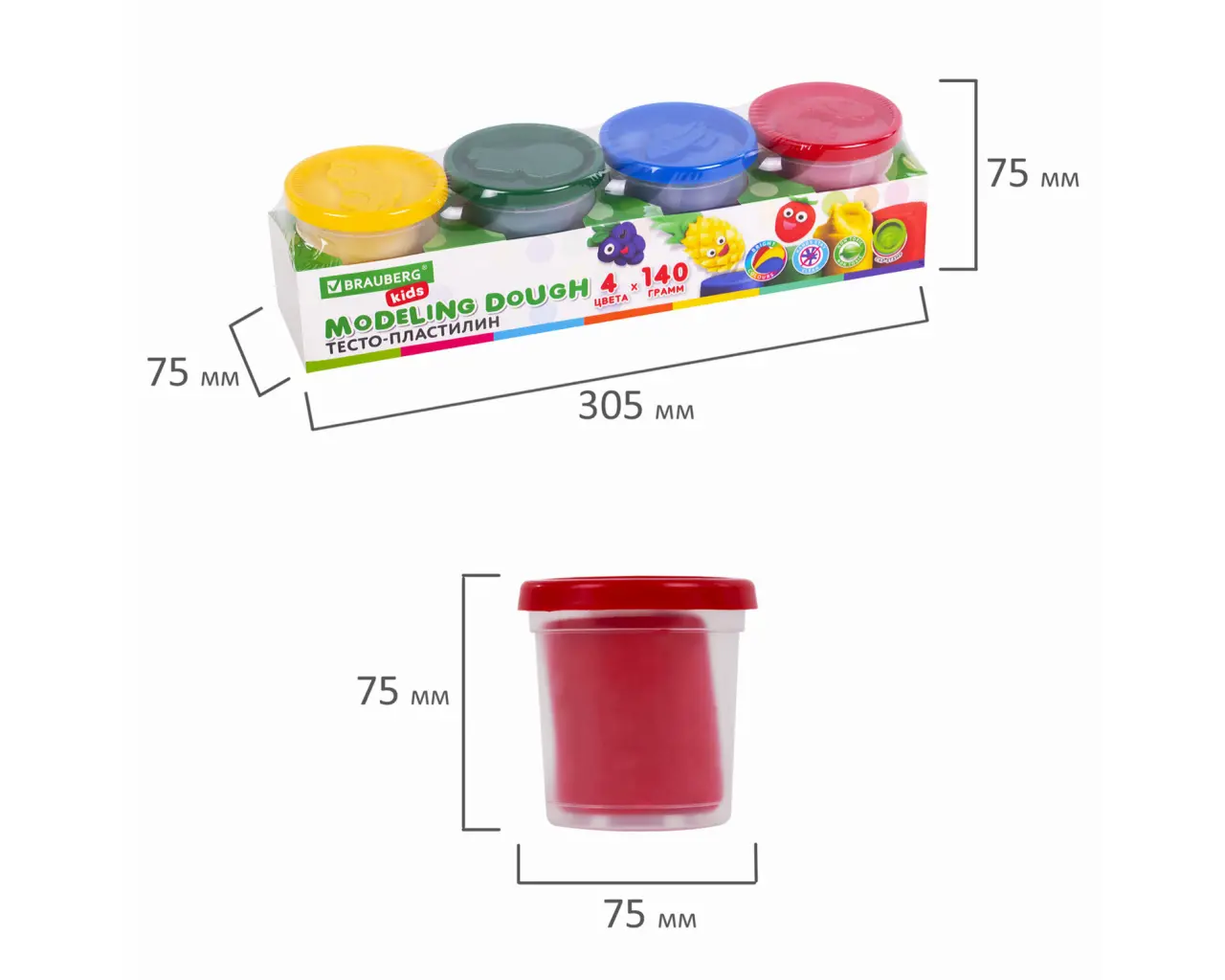 Пластилин-тесто для лепки BRAUBERG KIDS, 4 цвета, 560 г, яркие классические цвета, крышки-штампики, 106715.5