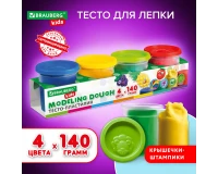 Пластилин-тесто для лепки BRAUBERG KIDS, 4 цвета, 560 г, яркие классические цвета, крышки-штампики, 106715.0