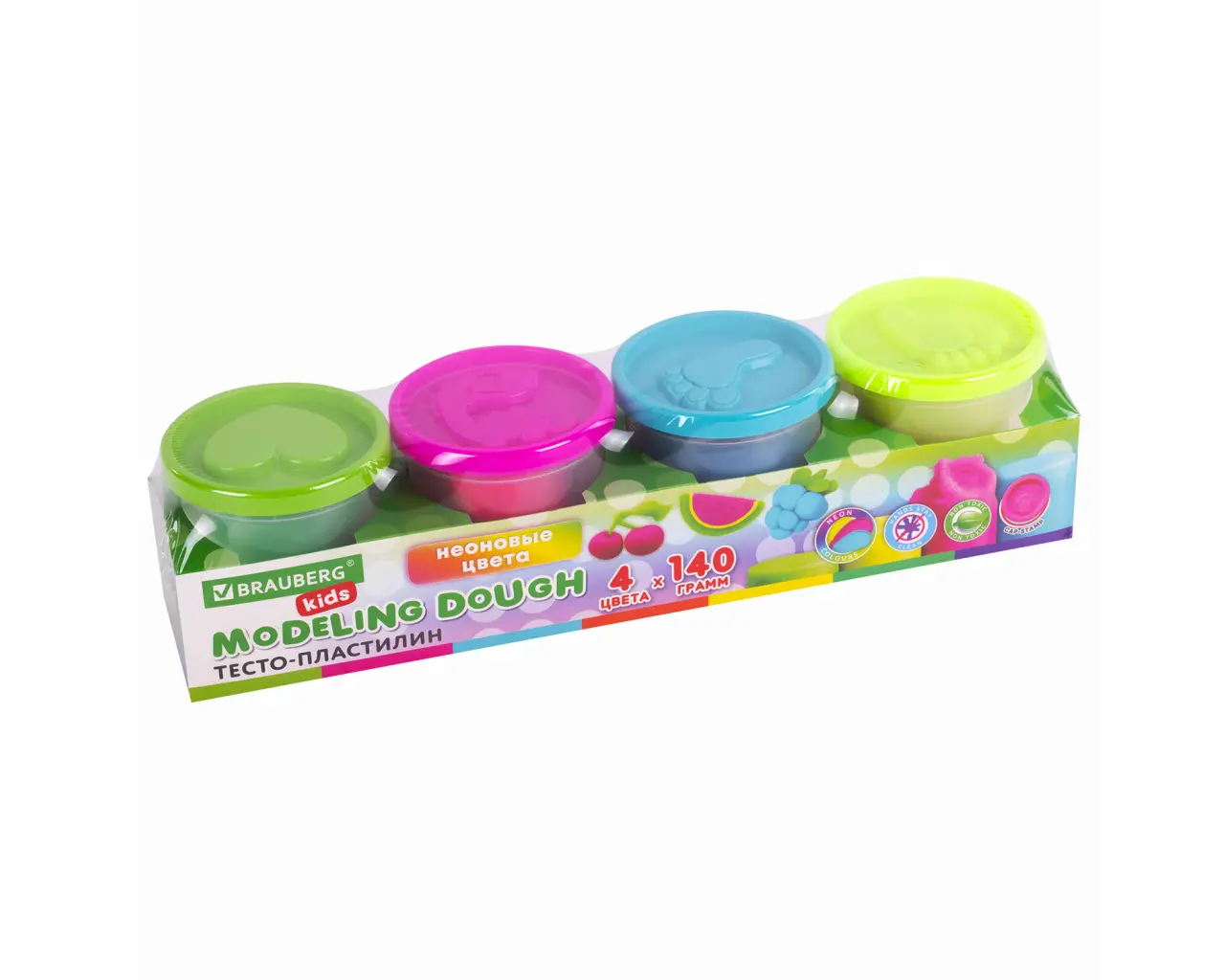 Пластилин-тесто для лепки BRAUBERG KIDS, 4 цвета, 560 г, яркие неоновые цвета, крышки-штампики, 106716.6