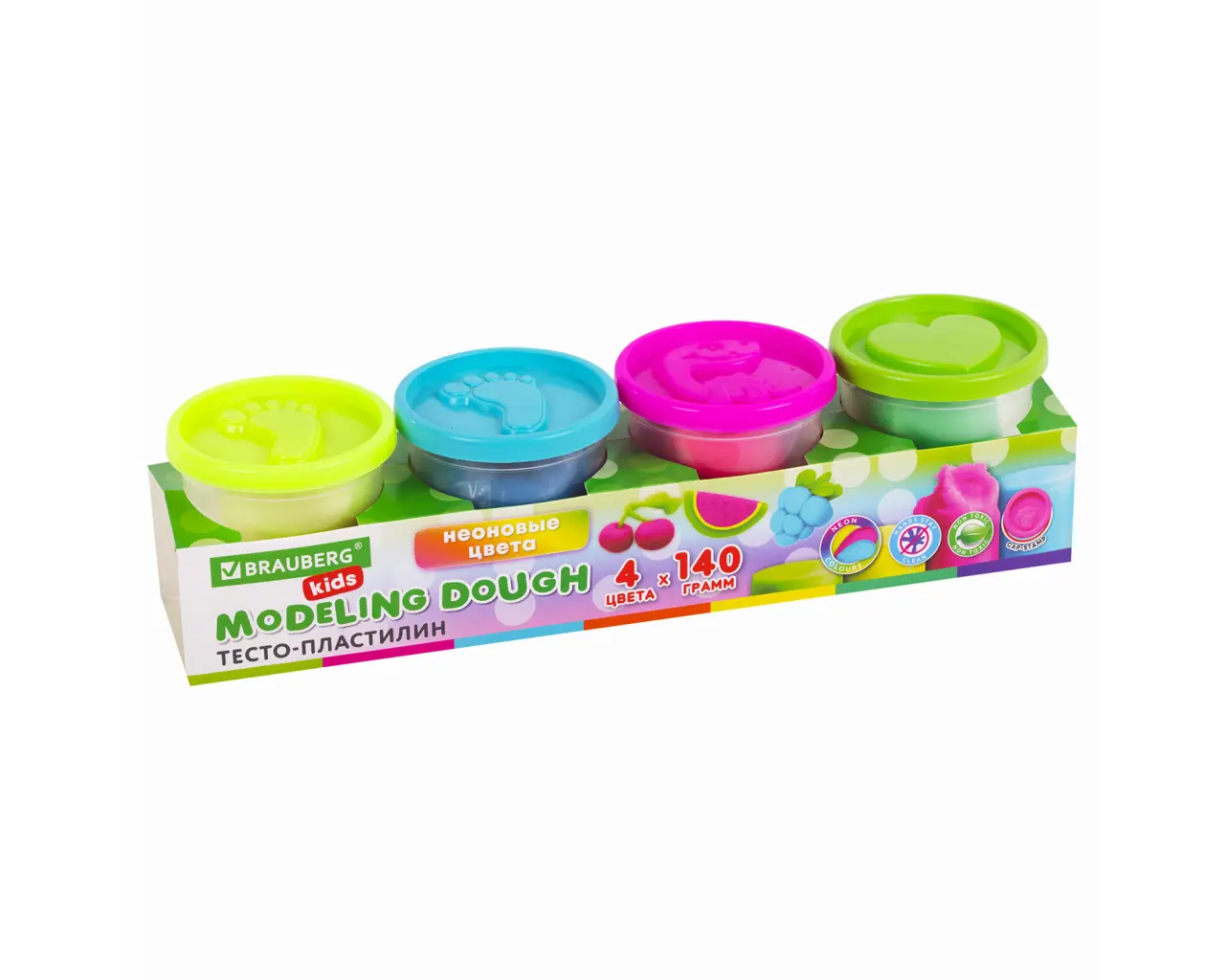 Пластилин-тесто для лепки BRAUBERG KIDS, 4 цвета, 560 г, яркие неоновые цвета, крышки-штампики, 106716.1