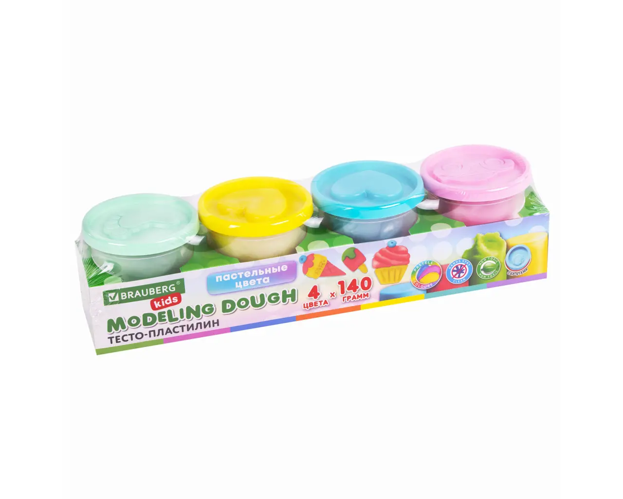 Пластилин-тесто для лепки BRAUBERG KIDS, 4 цвета, 560 г, пастельные цвета, крышки-штампики, 106717.6
