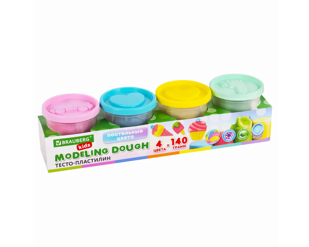Пластилин-тесто для лепки BRAUBERG KIDS, 4 цвета, 560 г, пастельные цвета, крышки-штампики, 106717.1