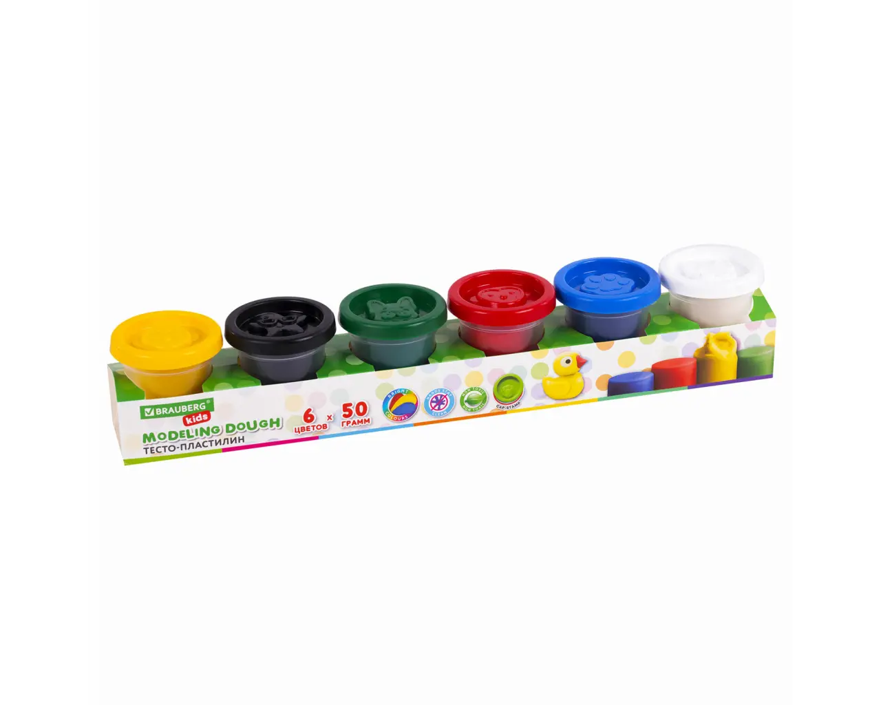 Пластилин-тесто для лепки BRAUBERG KIDS, 6 цветов, 300 г, яркие классические цвета, крышки-штампики, 106718.1