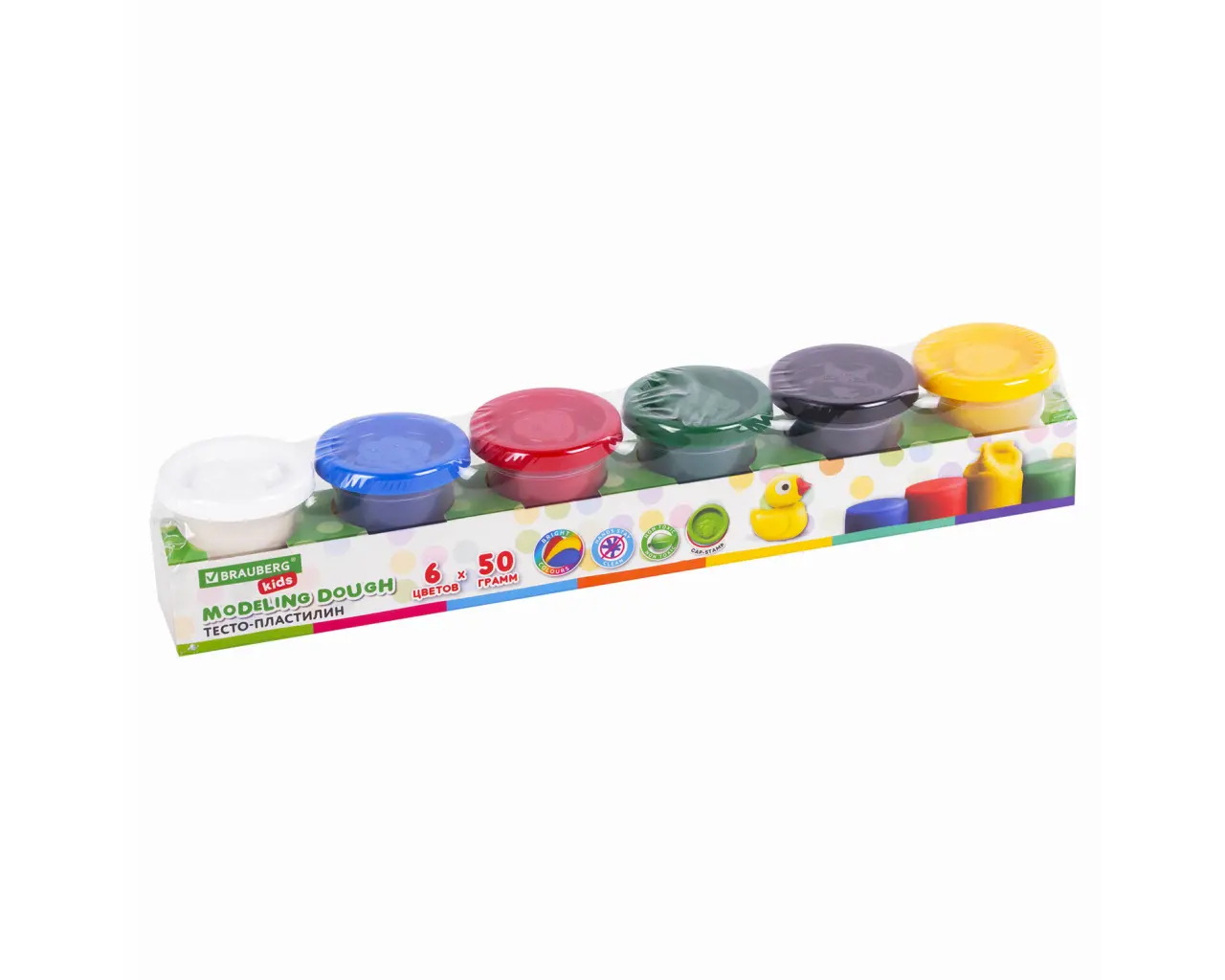 Пластилин-тесто для лепки BRAUBERG KIDS, 6 цветов, 300 г, яркие классические цвета, крышки-штампики, 106718.6