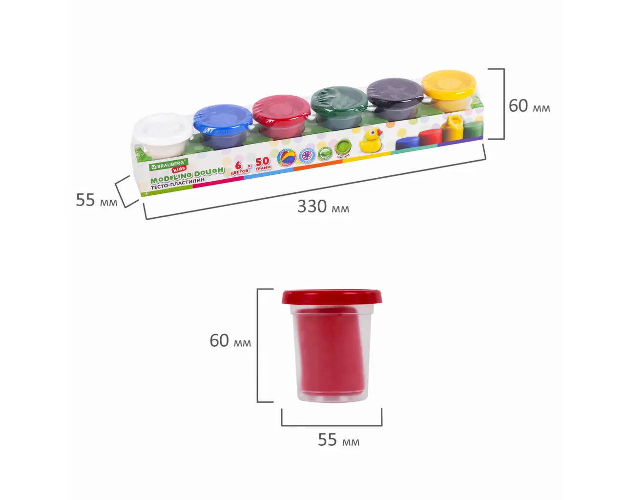 Пластилин-тесто для лепки BRAUBERG KIDS, 6 цветов, 300 г, яркие классические цвета, крышки-штампики, 106718.5