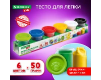 Пластилин-тесто для лепки BRAUBERG KIDS, 6 цветов, 300 г, яркие классические цвета, крышки-штампики, 106718.0