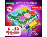 Пластилин-тесто для лепки BRAUBERG KIDS, 6 цветов, 300, 10 формочек, шприц, стек, крышки-штампики, 106719.0