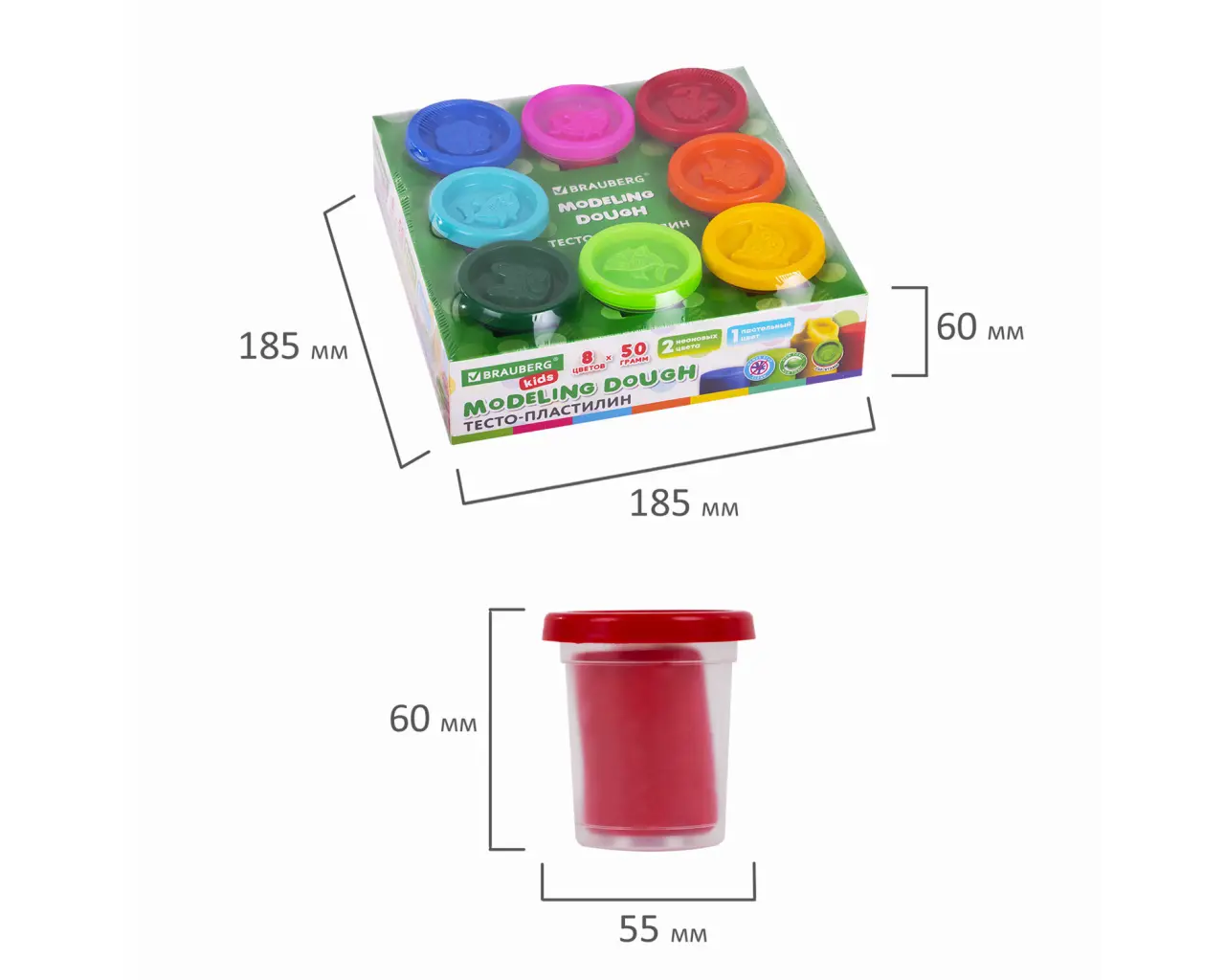 Пластилин-тесто для лепки BRAUBERG KIDS, 8 цветов, 400 г, яркие классические цвета, крышки-штампики, 106720.5