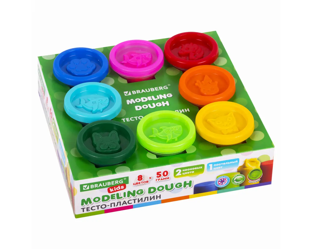 Пластилин-тесто для лепки BRAUBERG KIDS, 8 цветов, 400 г, яркие классические цвета, крышки-штампики, 106720.1